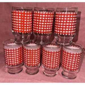 Vintage Retro Gingham Juice Glasses Set of 7 Red White 4" Tall 4oz EUC